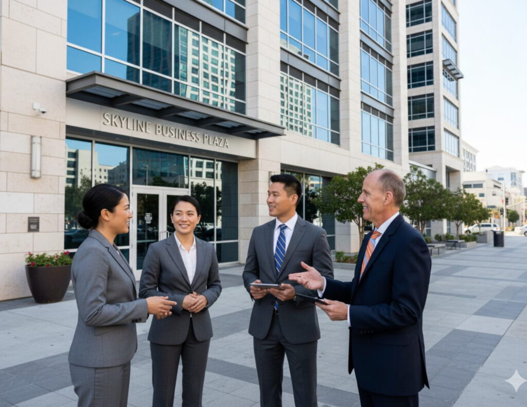 Michael with business clients in front of office building